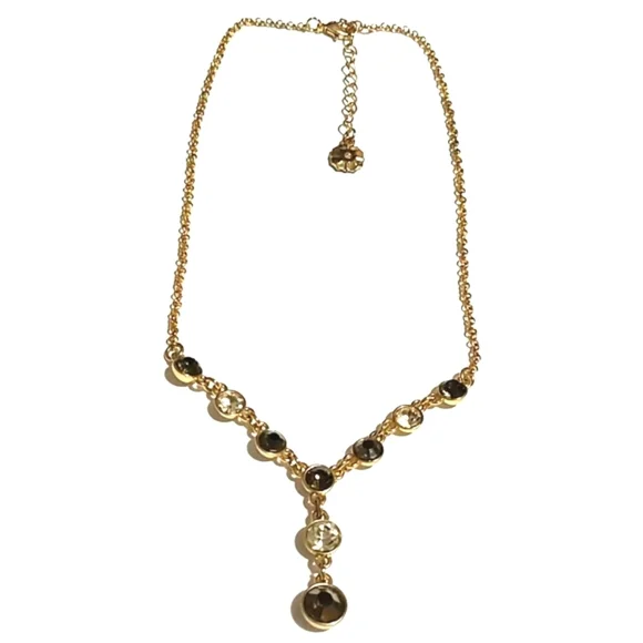 MONET VINTAGE GOLD-TONE DARK GRAY AND CLEAR RHINESTONE Y-SHAPED 15-18" NECKLACE - Picture 1 of 9